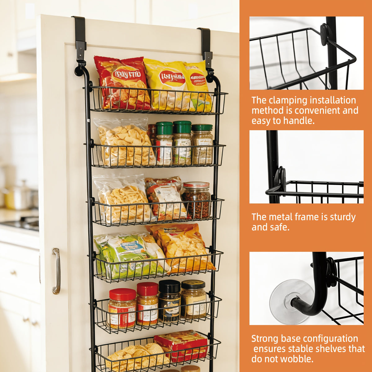 8-Tier & 6-Tier, Over The Door Pantry Organizer, Metal Hanging Storage Shelf, Adjustable Baskets, Spice Rack, For Kitchen, Pantry, Laundry, Bathroom, Multifunctional, Black & White, Door-Mounted Organizer, Utility Racks