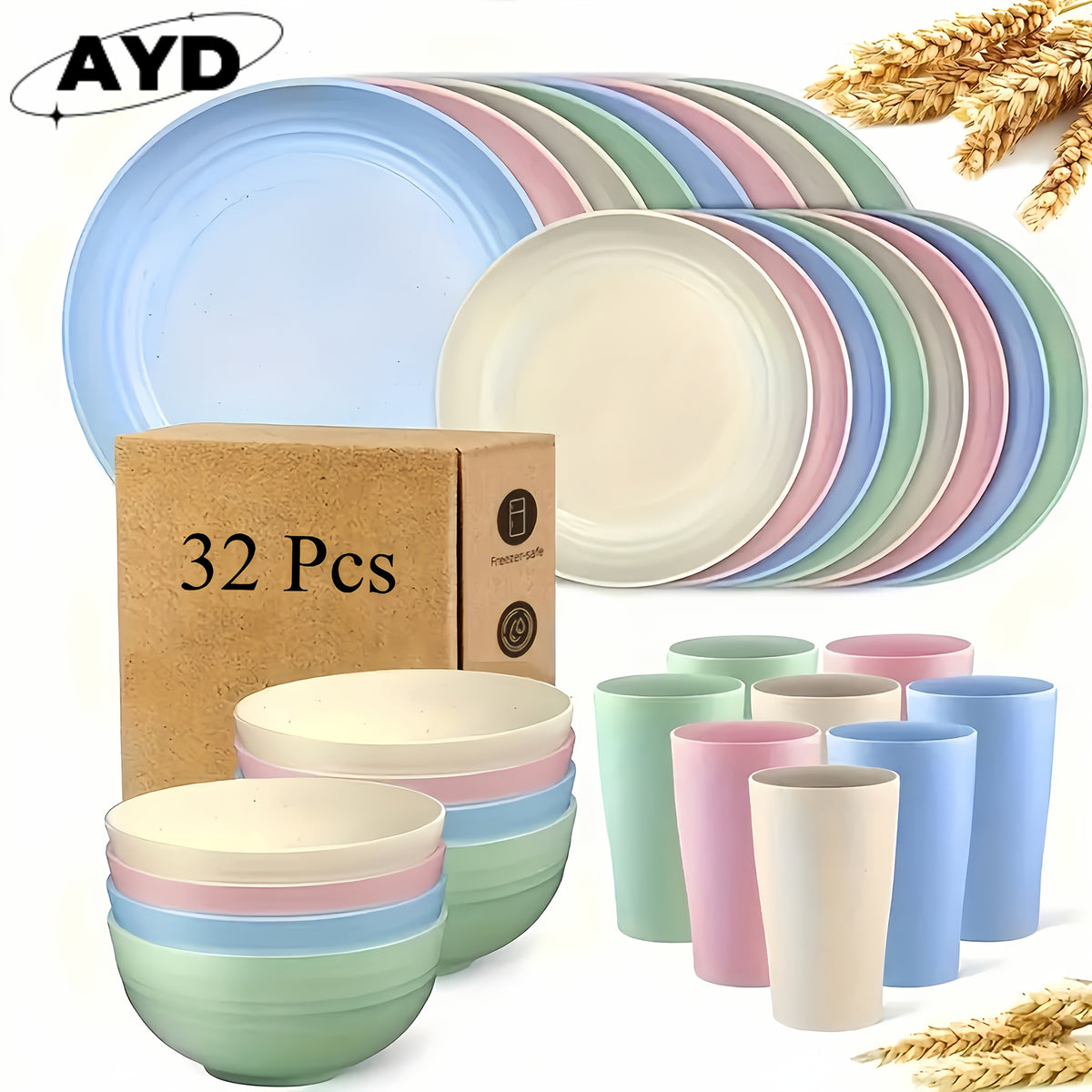 32/16pcs Wheat Straw Large Size Dinnerware Set, Service For 8/4, Lightweight Kitchen Accessories, Unbreakable Modern Dish Set-Plate/Dessert Plate/Bowl/Cup, Dishwasher And Microwave Safe, Perfect Everyday Use, Best Gifts For Thanksgiving And Christma