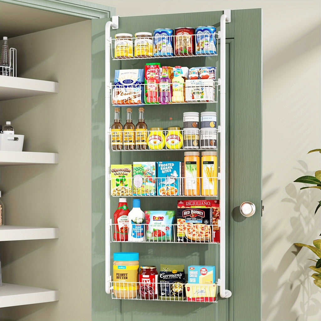 Metal Over Door Pantry Rack, 6 or 8 Tier Hanging Storage Organizer in Black or White for Spices, Packaged Foods, Bathroom Essentials and Laundry Supplies