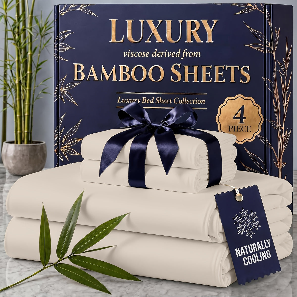 4pcs Cooling Bamboo Blend Sheet Set, Breathable Soft Sheets for Hot Sleepers, 14-Inch Deep Pocket, Twin/Full/Queen/King, Kids Room Decor, Christmas Holiday Home Decor