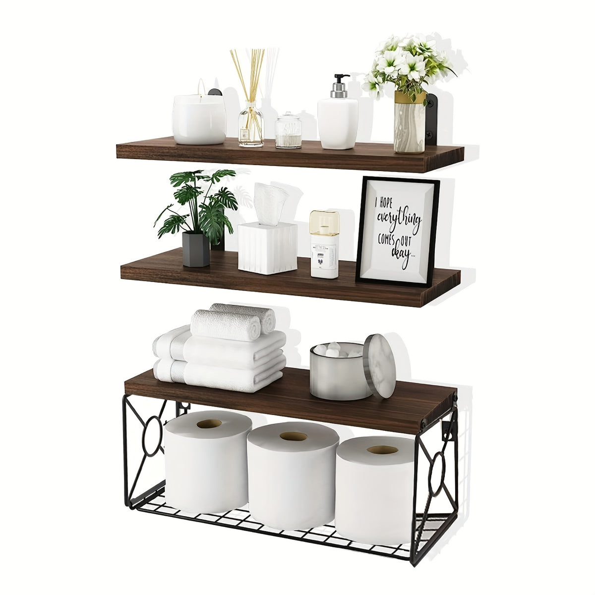 3pcs Wall Mounted Floating Shelves Over Toilet | Small Farmhouse Decor Shelf for Toilet Paper Storage, Unfinished Wood End, Black and Brown