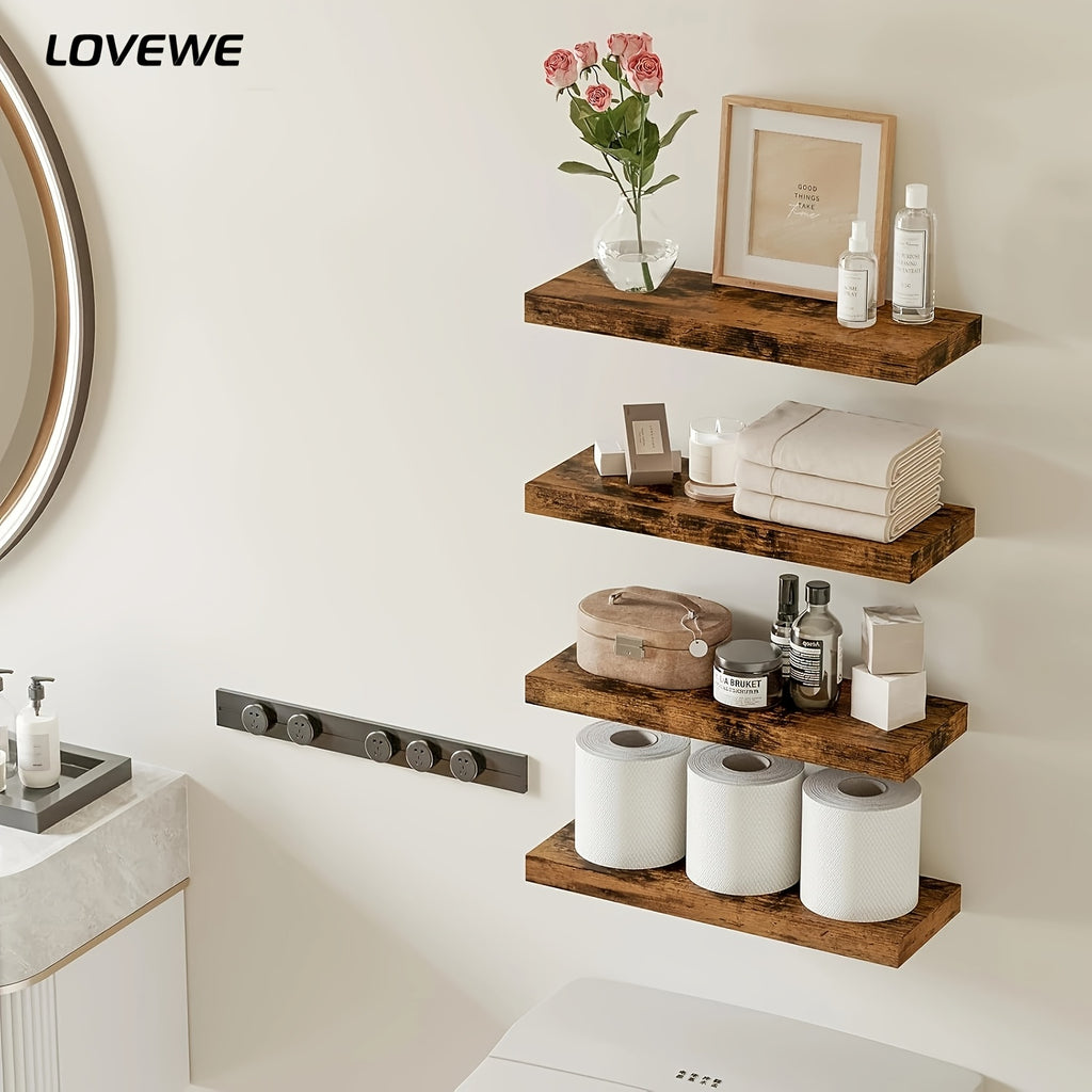 4pcs 15.8in Floating Shelves for Wall, Brown Wall Mounted Shelf with Invisible Shelf Bracket, Wall Shelves for Bathroom, Living Room, Bedroom, Kitchen, Office Decor