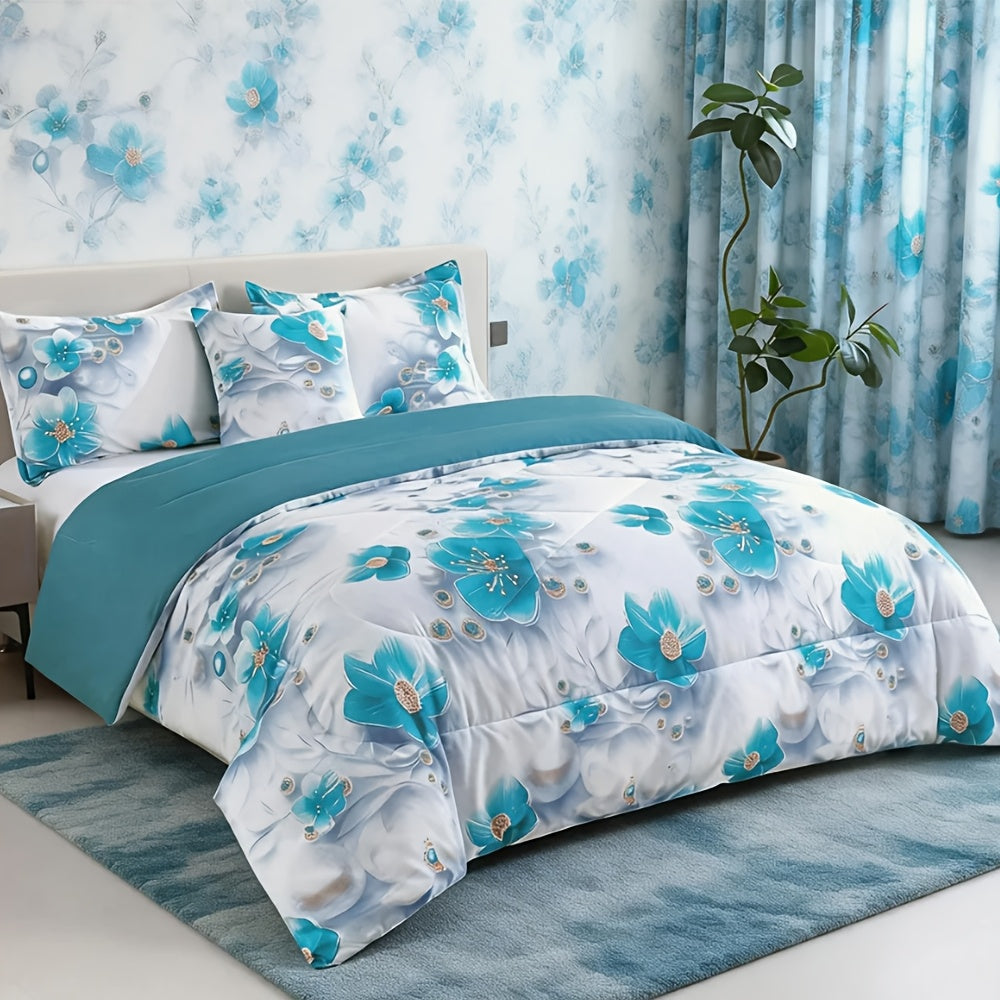 2/3pcs Teal Floral Bedding Comforter Set | Gradient Tones Oil Painting Style, Elegant Botanical Floral, Twin/Queen/King, Upgraded Luxury Quilt Set for All-Season, Bed in A Bag, Home Decor, Soft, Lightweight, Breathable, Microfiber, Ideal Family Gift