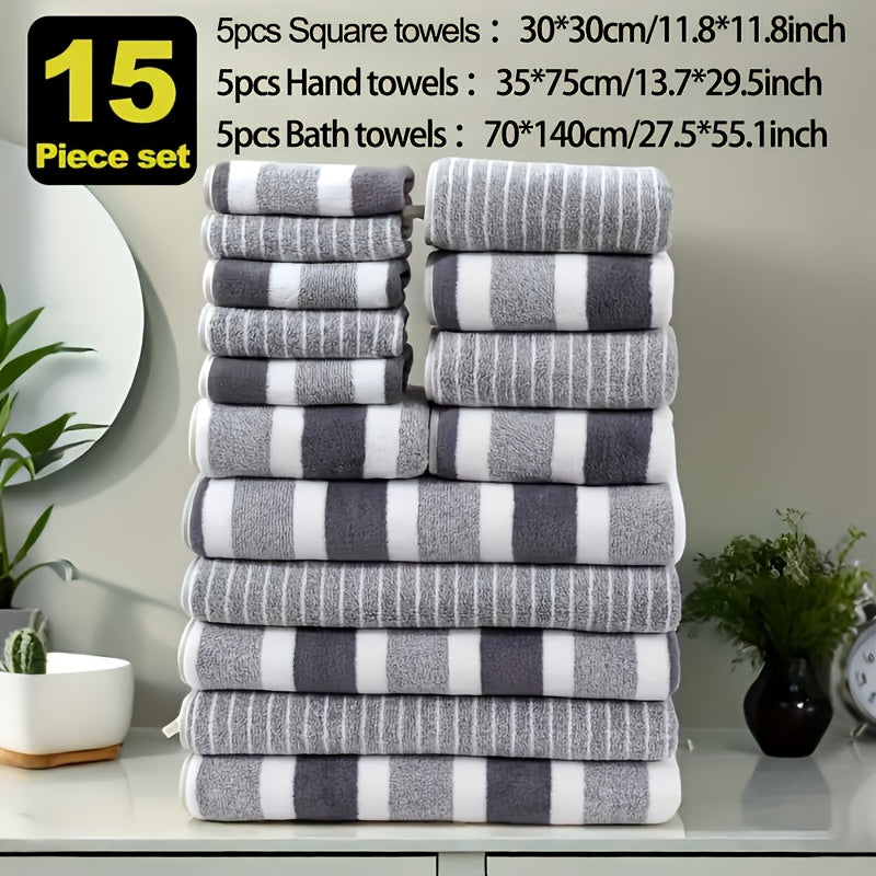 9/15pcs Classic Towel Set, No Hair Loss, Super Absorbent, Super Soft Two-Color Striped Interval Bath Towel Combination, Including 2/5 Large Bath Towels, 2/5 Large Face Towels, 5 Hand Towels, Bathroom Supplies, And Beach Essentials