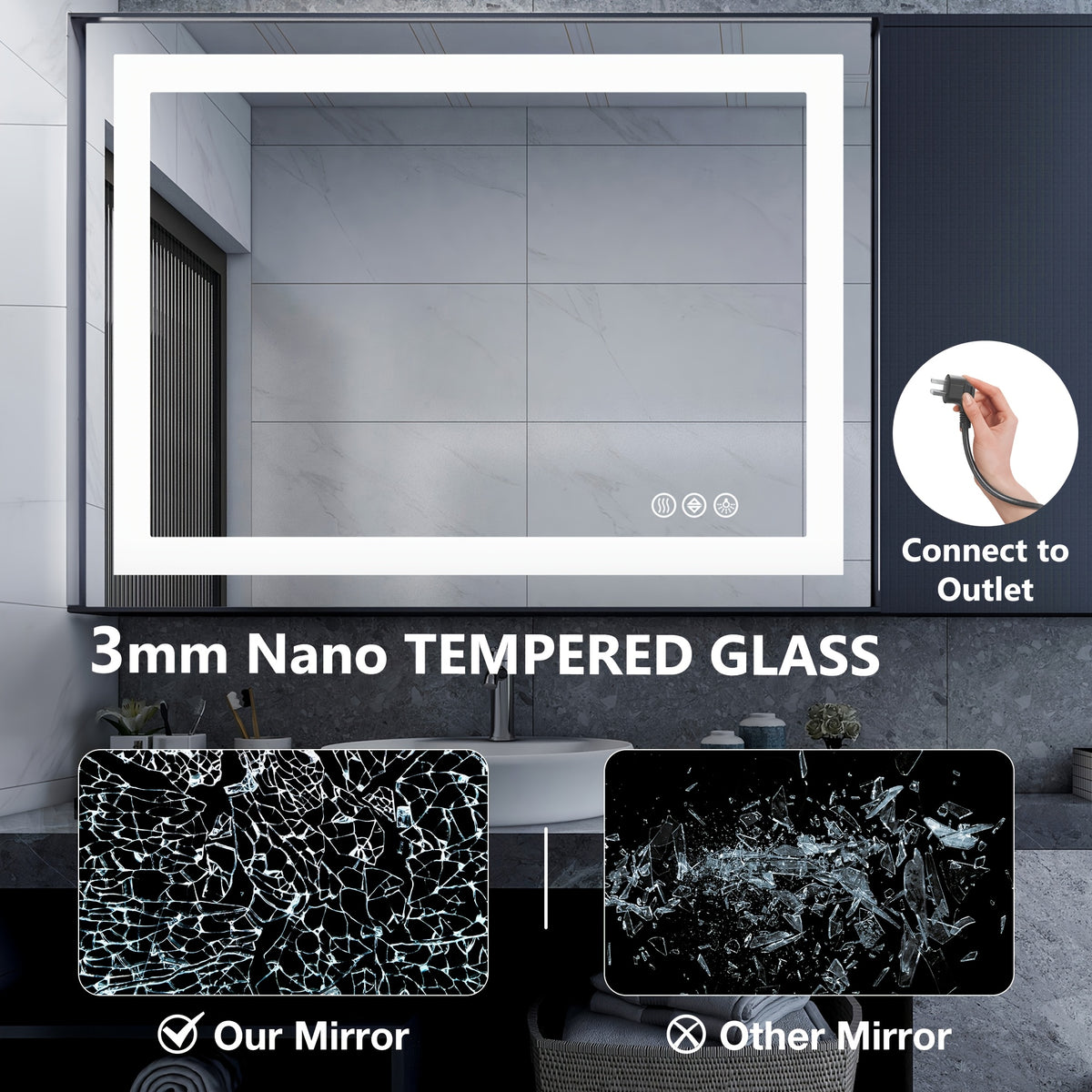 1pc Anti Fog LED Bathroom Mirror with Dual Light Source 3 Lighting Modes Dimmable 3 Color Vanity Mirror Wall Mounted Horizontal Vertical