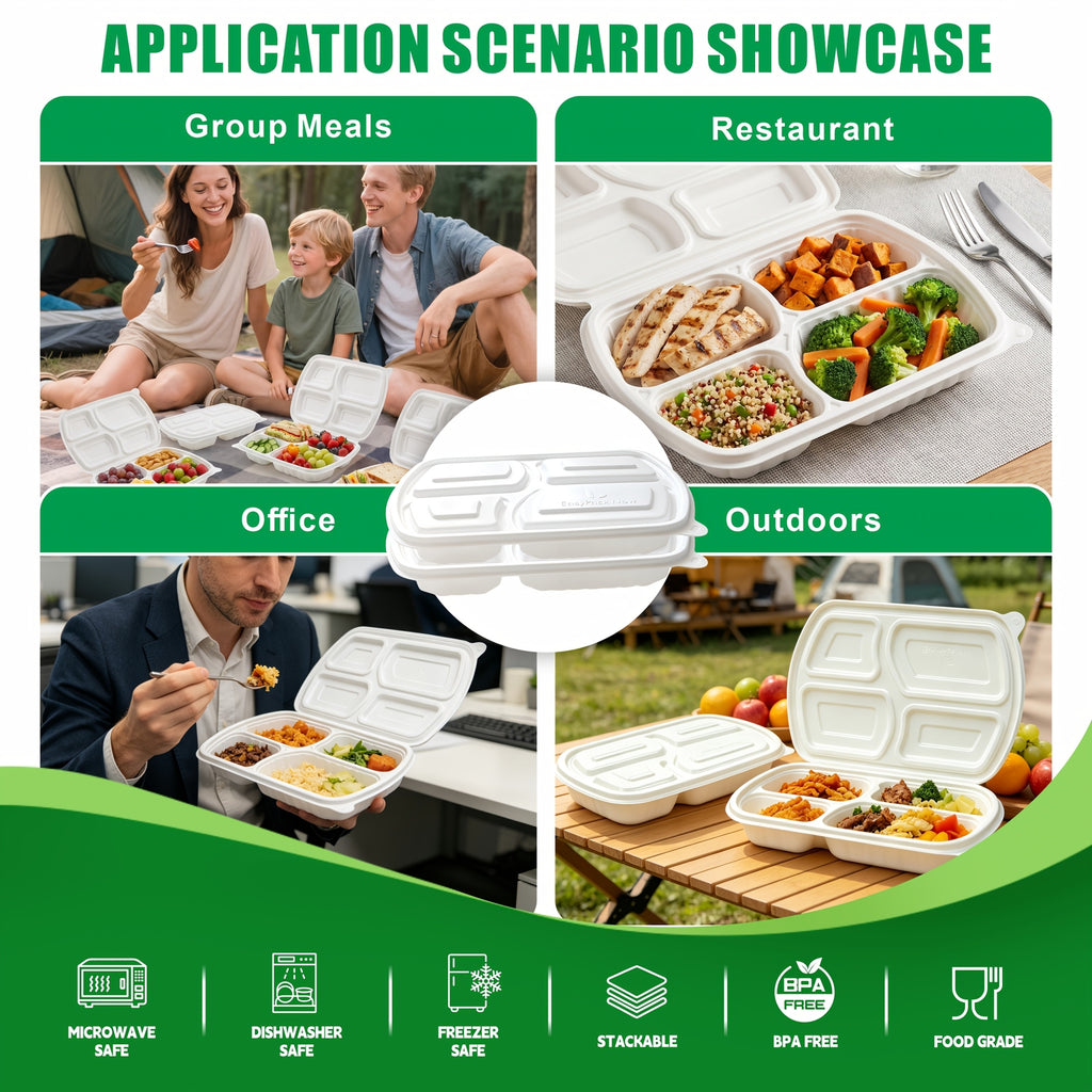 50-Pack 4-Compartment White Clamshell Meal Prep Containers, Disposable Bento Box, Food Storage Container, Bpa-Free, Stackable, Portion Control, Freezer/Microwave Safe, Great for Labor Day, Picnics, Parties & Outdoor Events, Local Warehouse