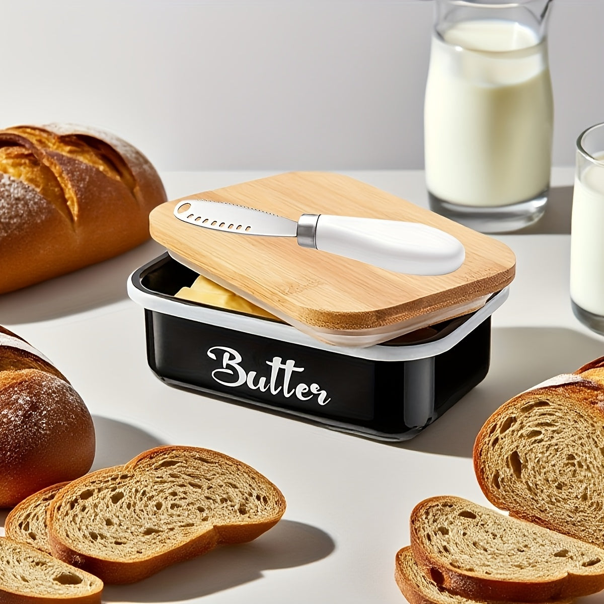 Iron Butter Tray with Bamboo Cover and Knife Large Capacity - Airtight Cheese Storage Box Kitchen Storage Items - Complete Colors - Mother's Day Thanksgiving Christmas Gifts Butter Storage Container Holiday Serving Elegant Durable