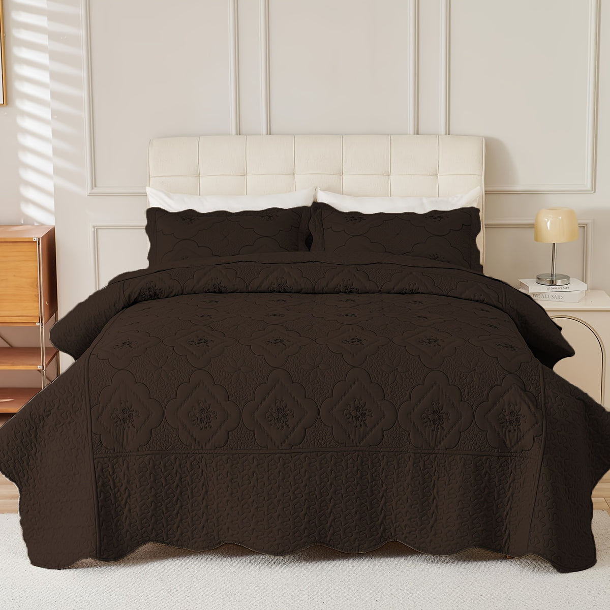 3pcs Exquisitely Crafted King/ Queen Size Quilted Bedspread Set with Intricate Floral Embroidery - 100% Polyester, Wrinkle - Resistant, Lightweight, Perfect for Adding A Touch of Elegance To Your Bedroom Decor