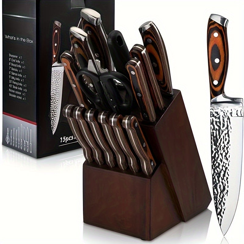 Stainless Steel Knife Block Set, 15 Piece Kitchen Knife Collection with Steak Knives and Storage Block in Five Styles for Everyday Home Cooking