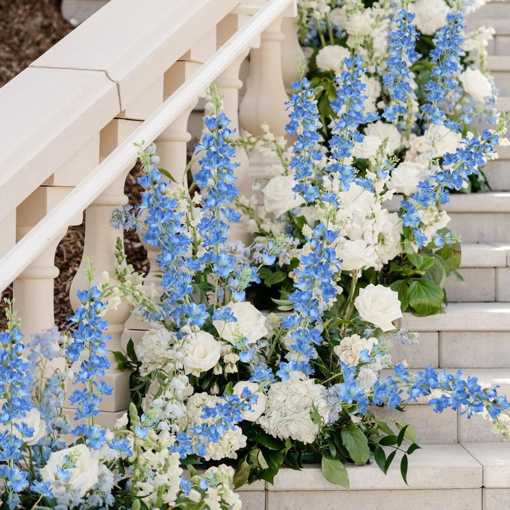 8pcs Dusty Blue Delphinium Artificial Flowers 33.5 Inch Faux Delphinium Stems Larkspur Flowers for Wedding Table Centerpieces Home Garden Decor