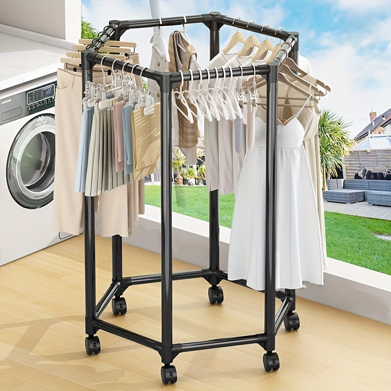 Hexagonal Rotating Garment Rack with Wheels - Heavy-Duty Freestanding 360-Degree Spinning Hanger Suitable for Laundry Room, Space-Saving Mobile Clothing Display, Sturdy Metal Frame for Home Storage & Retail Use, Portable Wardrobe