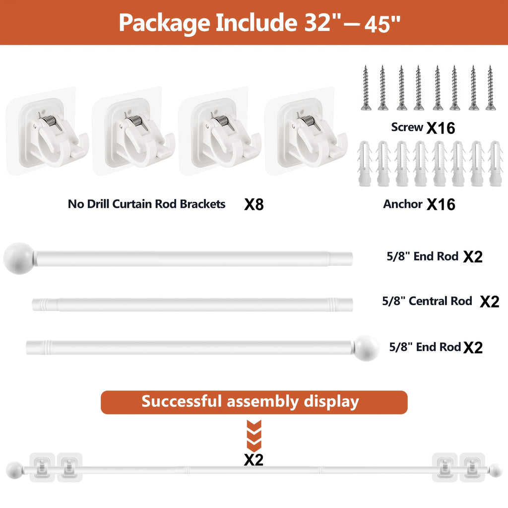 Curtain Rods No Drilling For Windows, 5/8 Inch Diameter Drapey Pole With No Drill Curtain Rod Brackets (2pcs, Black, 30 To 45")