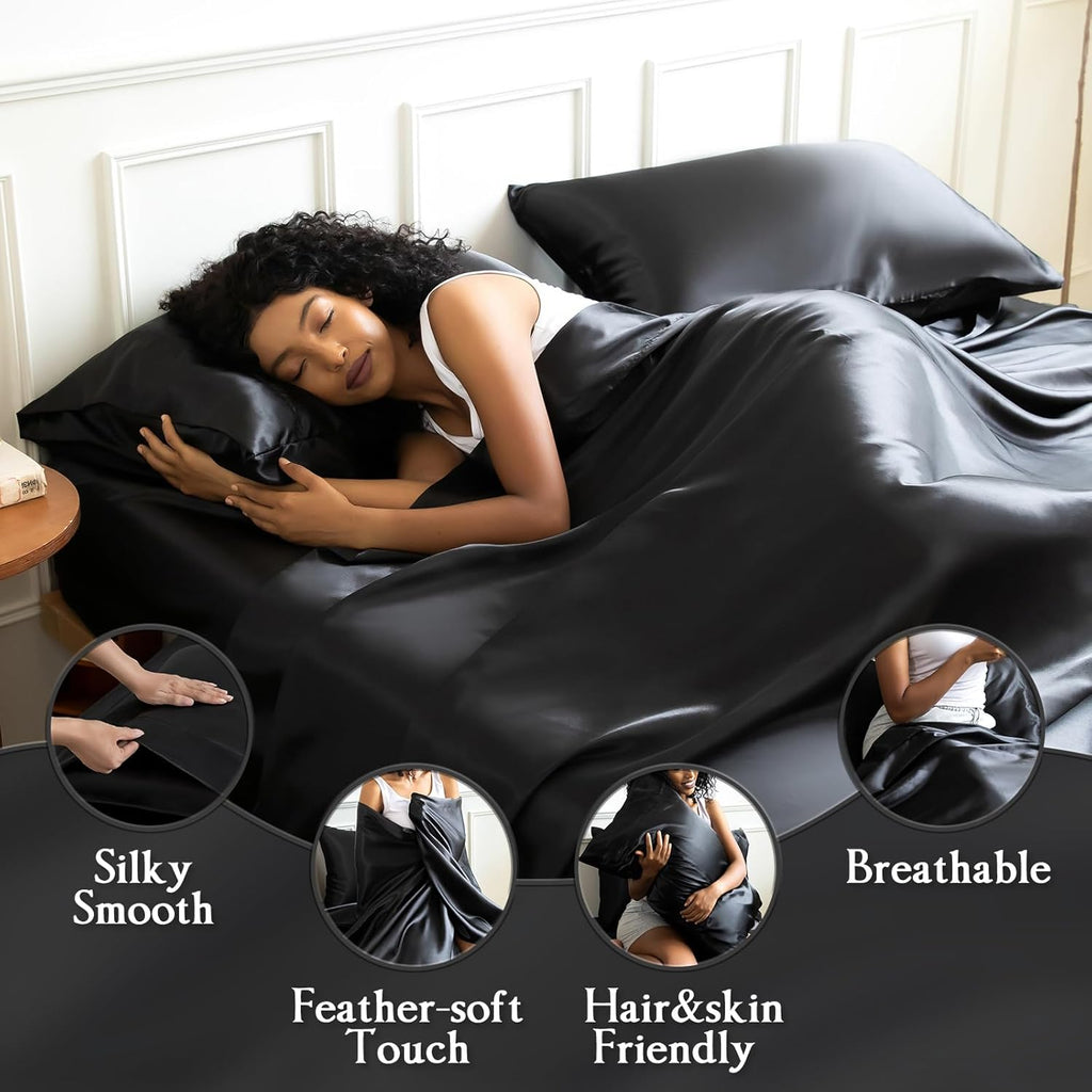 3/4pcs 2100TC Satin Sheets Queen Size Bed Set-Child Satin Bed Sheets Ultra Soft Satin Sheets Queen Set, Breathalbe Satin Bed Sheets Bed Sheets All Sizes Soft Satin Bedding for Bedroom 5 Star Luxury Hotel Experience W/ The Premium Satin Sheets