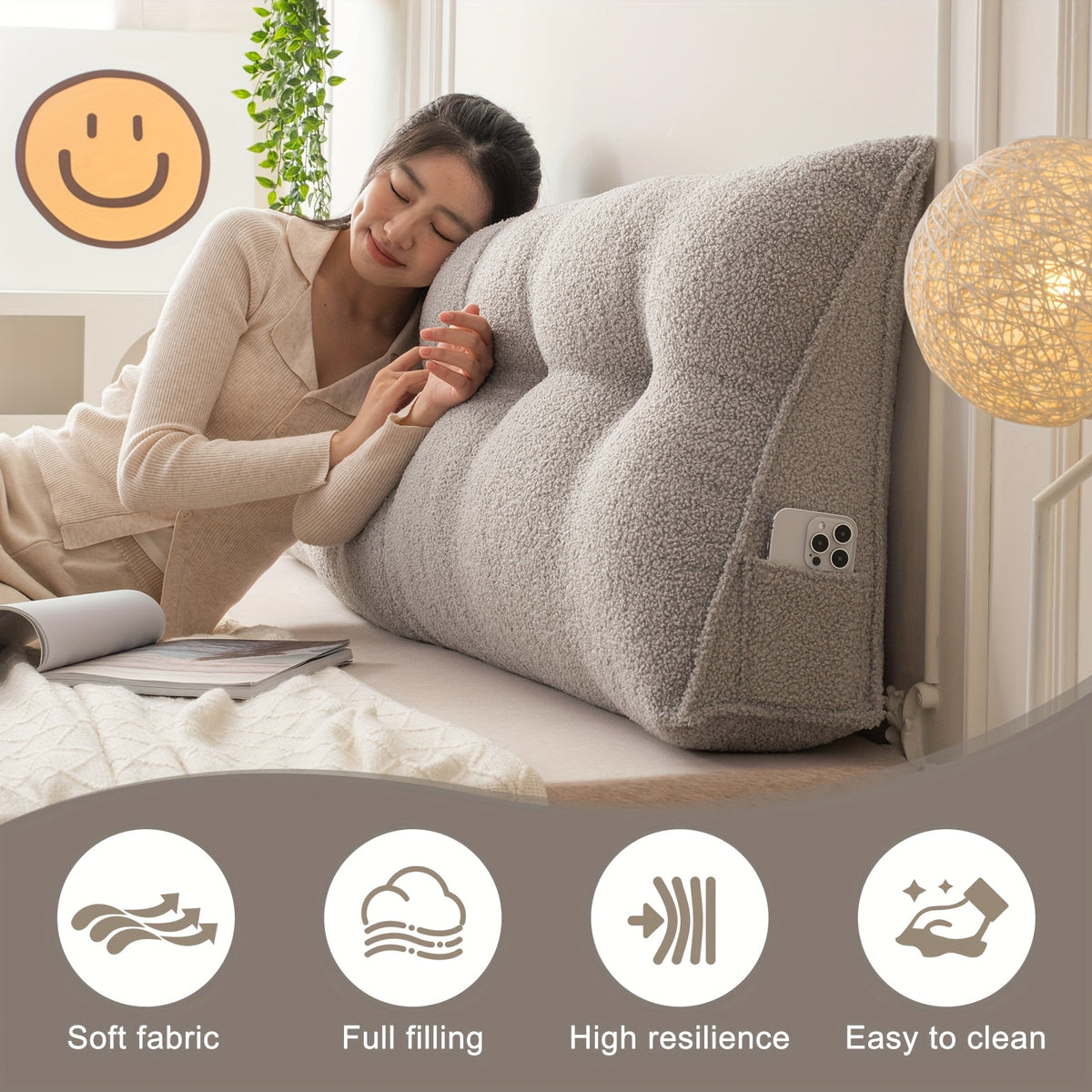 Headboard Reading Pillow, Triangular Teddy Velvet Backrest Cushion with Side Pocket and Removable Washable Cover for Twin, Queen and King Beds