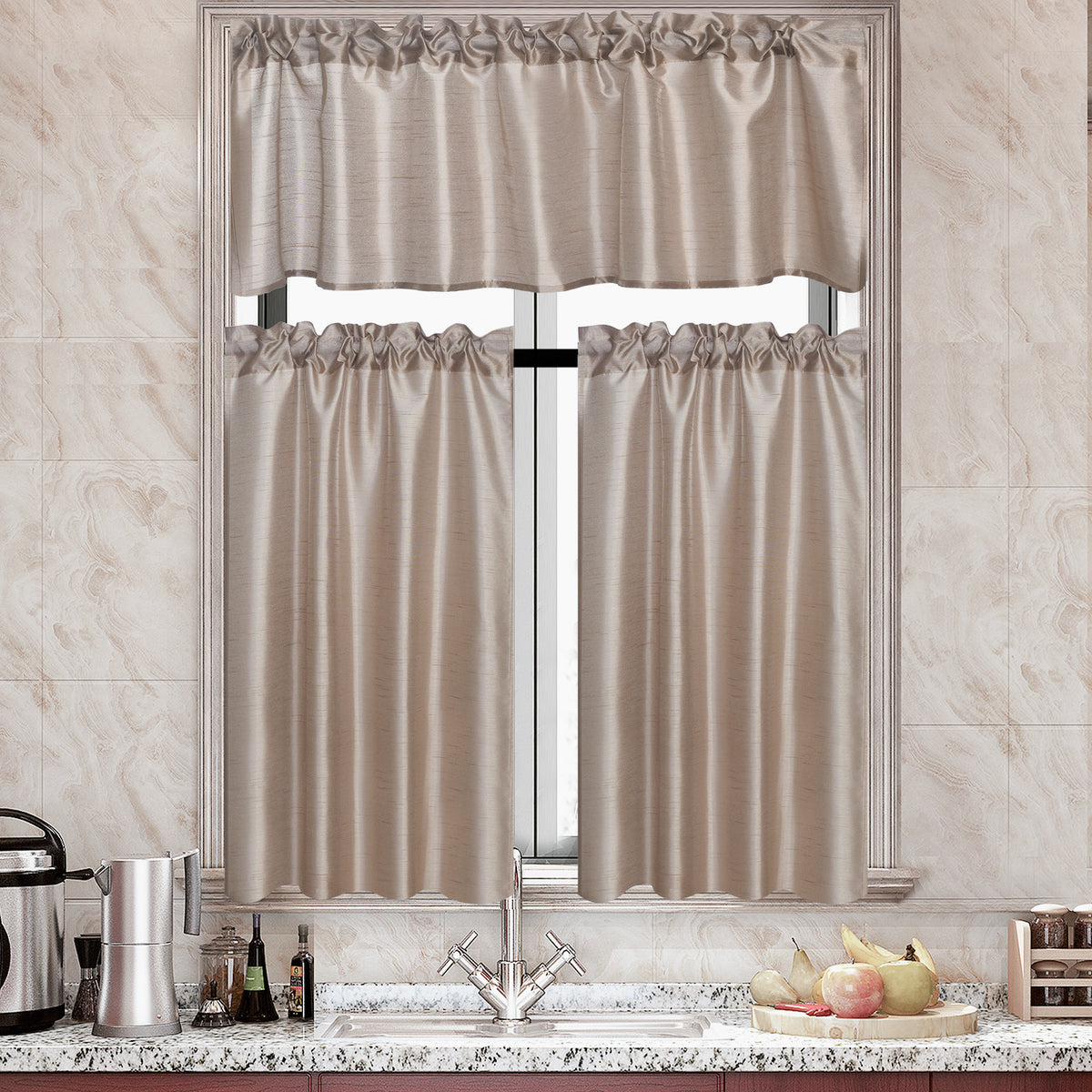 3 Panels Faux Silk Solid Color Sheer Kitchen Curtains Set Rod Pocket Design with 2 Tiers 26x36 inch Each and 1 Valance 52x14 inch for Kitchen Bathroom Privacy Drapes and curtains