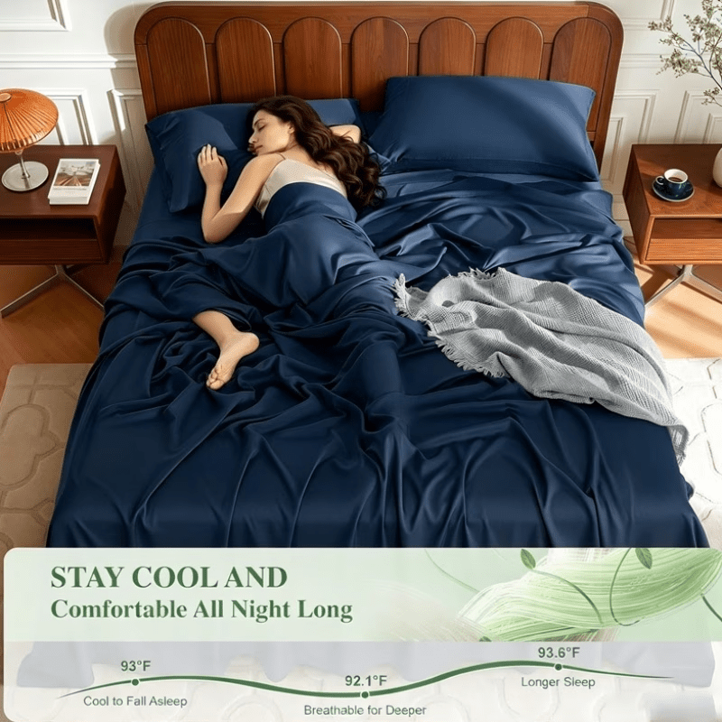 4pcs Bamboo Fiber Sheet Set, 2200 Thread Count Silver Ion Sheet Set, Suitable for Heat-Sensitive Individuals, Cool, Soft And Breathable, 16-18 Inch Deep Pocket Sheets, Suitable for Hotels, Hospitals, Schools, Dormitories, Local Warehouses