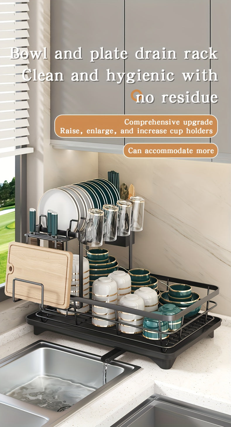 2-Tier Metal Dish Drying Rack, Suitable for Types of Countertops. Space-saving and Durable, Comes with Cutlery Holder, Cup Holder, and Rust-proof Drip Tray. Helps Your Kitchen Neat and Organized.