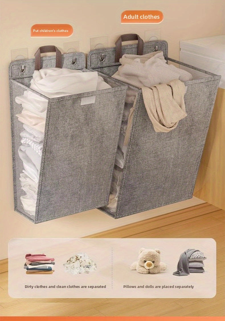 Wall Mounted Laundry Hamper with Lid, Foldable Gray Oxford Cloth Basket for Space Saving Clothes and Toy Storage in Bedrooms, Bathrooms and Living Rooms