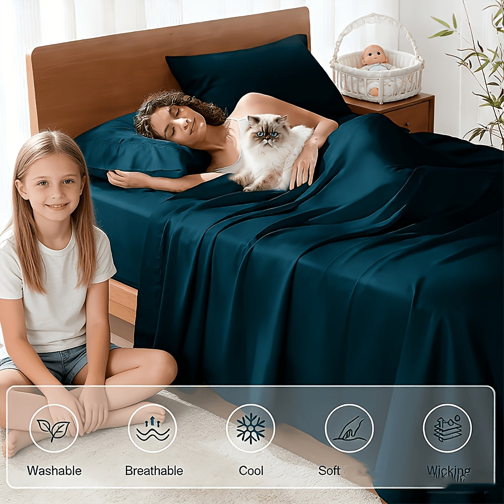 4pcs Bamboo Cooling Bedding - Extra Deep Pocket Breathable And Cooling - Suitable for Hot Sleepers And Sweats, Children Pillowcases, Flat Sheet And Fitted Sheet - A Perfect Gift for Family, Queen And King Sizes