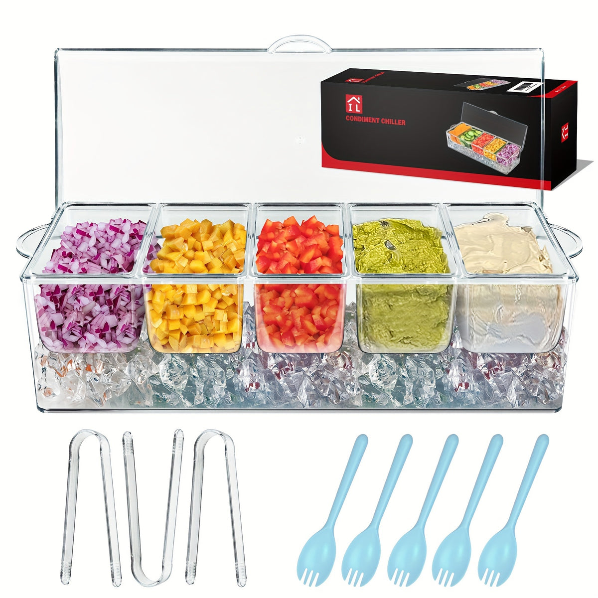 For Bar Serving Tray on Ice with 5 Compartments Container, 5 Forks And 3 Pliers, Fruit Trays for Serving, Garnish Platters with Lid, Cold Seasoning Storage Box for Bar for Parties, Clear