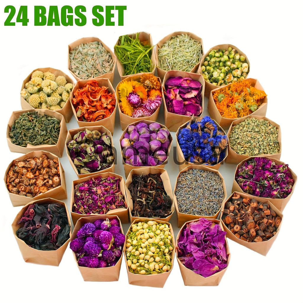 24pcs Set - Dried Flowers Craft Set, Dried Plant Kit, Resin Jewelry Making, DIY Candle, Seasonal Decor, Roses, Jasmine, Peony, Lavender, Forget-me-not, Etc