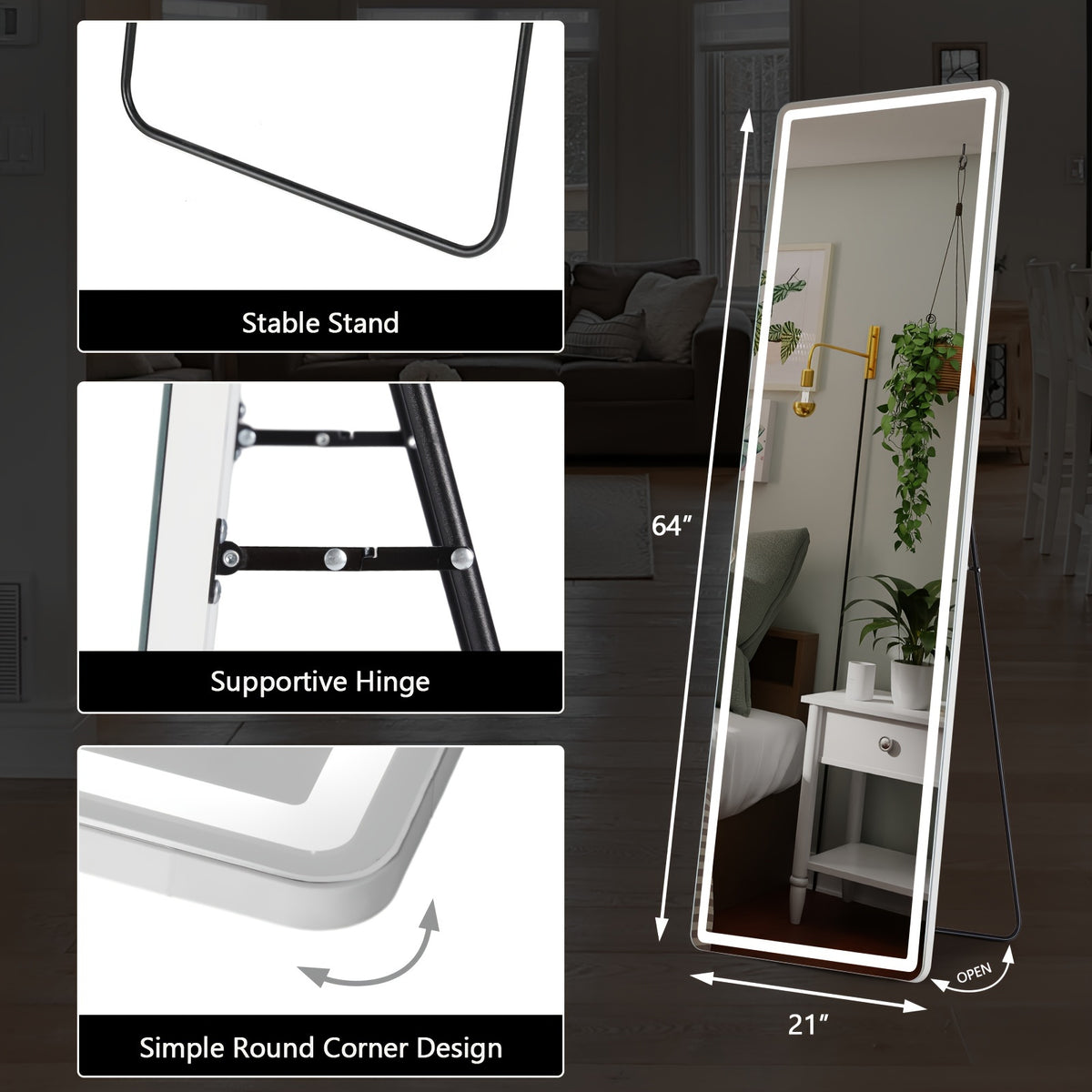 SMUG 64 X 21 Inch Mirror Full Length Standing Mirror with LED Lights, Lighted Floor Mirror with Stand, W/Dimming And 3 Color Lighting, Wall Mirror Full Length Aluminum Alloy Thin Frame