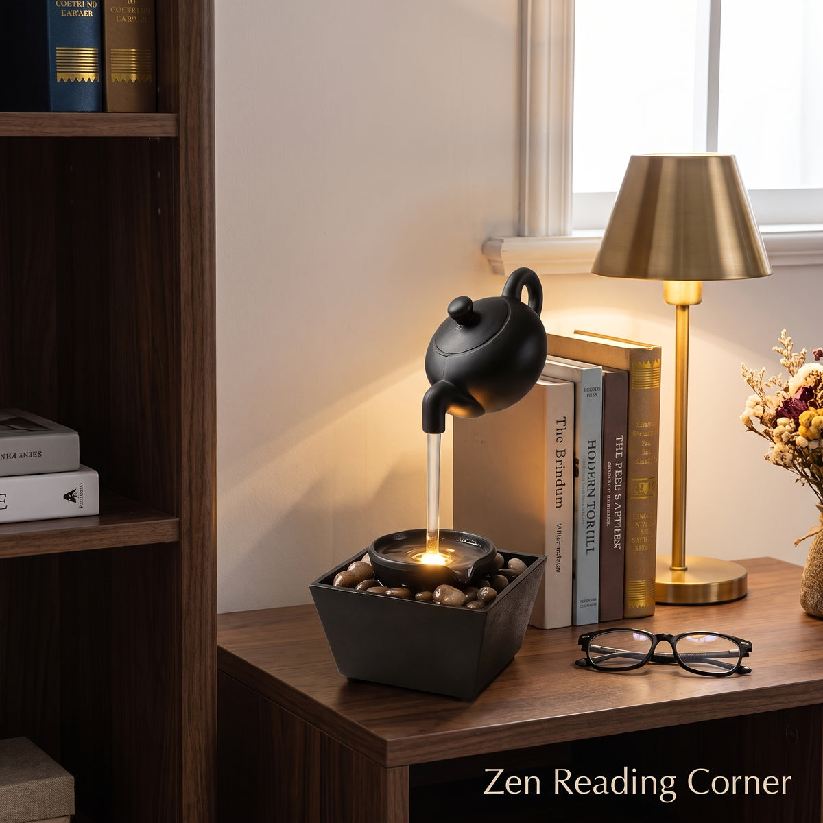 Zen Teapot Water Fountain Lamp with Soothing LED Glow & Water Flow - Black Resin Relaxation Fountain, Pebble Bed for Home/Office Decor,, Meditation Aid, Warm Light Gift for s ( Operation)