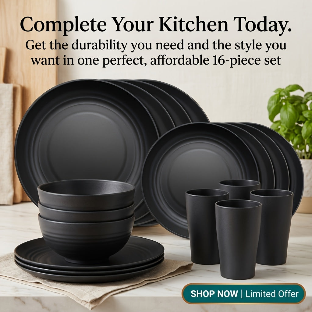 Brczuo16/32pcs Securely Fixed Non Fragile Plates, Wheat Straw Tableware Set, Microwave Dishwasher Safe, Durable Tableware, Black Set Includes 16 Plates, 8 Bowls, 8 Cups, Suitable For Family Gatherings, Birthday Parties, Camping