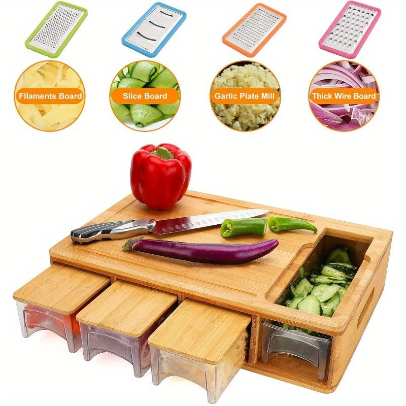 One Durable Bamboo Cutting Board Featuring Four Drawers Or Two Stainless Steel Trays, Designed with a Food Sliding Opening. This Carving Board Comes with Trays for Food Storage, Transport, And Easy Cleanup, Making It an Ideal Christmas Gift