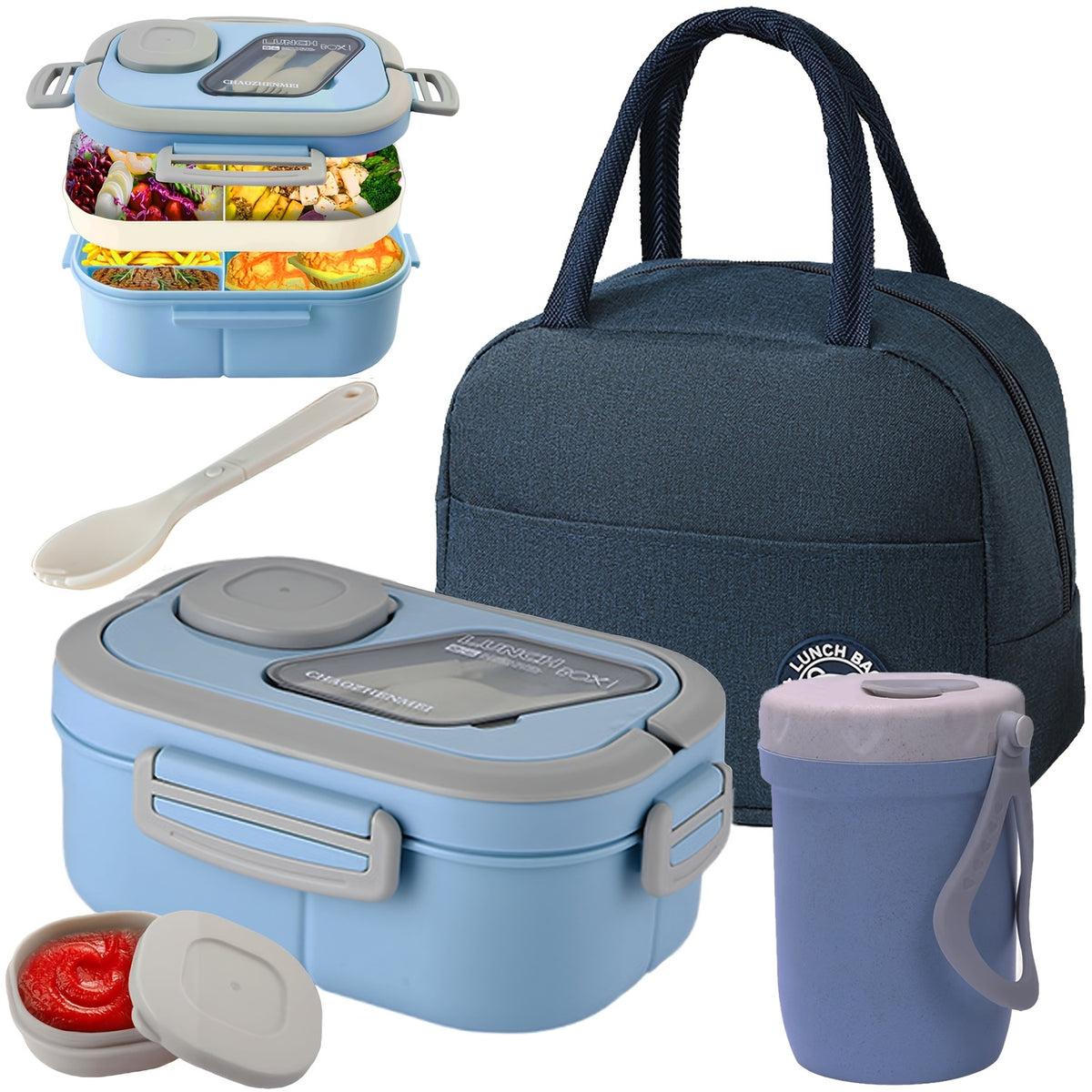 Two Tier Bento Lunch Box, Divided Meal Container in Pink, Blue, Green or White with Optional Cup and Lunch Bag Sets for School, Office and Picnics