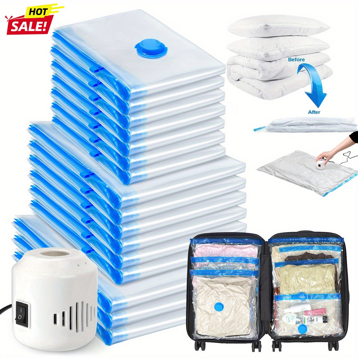 [Vacuum Storage Bags] 16pcs Vacuum Compression Bags with Electric Pump, (7 Small, 6 Medium, 3 Large)Vacuum Seal Storage Bags Space Saver Travel Size for Storage for Luggage, Vacuum Storage Bags for Clothes, Bedding, Pillows, Quilts, Blankets