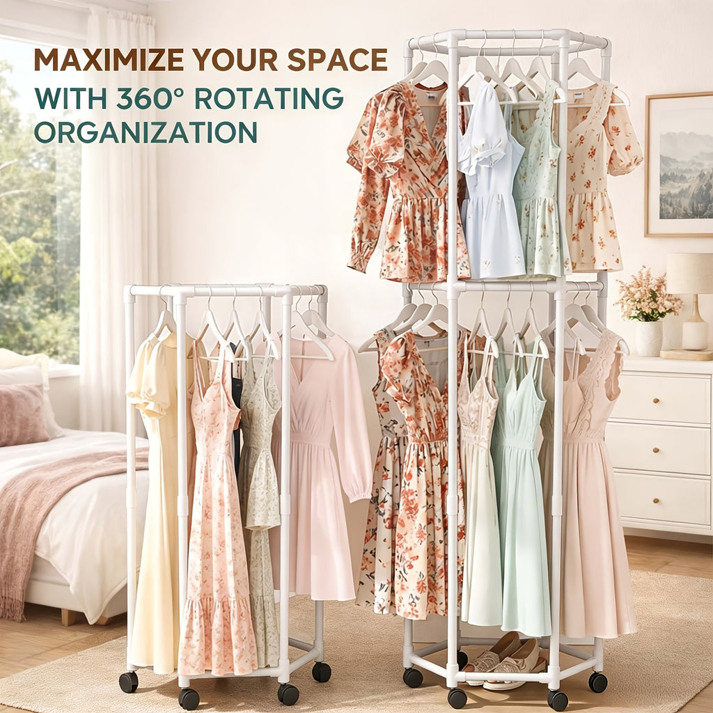 Heavy-Duty Rotating Clothing Rack with Wheels - Freestanding Space-Saving Garment Organizer Suitable for Bedroom, Laundry Room, Commercial Use, Multifunctional Rotating Dresser Rack with Hanging Rods for Coats, Dresses, Pants Storage