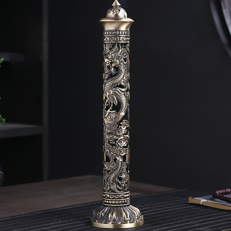 Metal Incense Stick Holder Featuring a Retro Vertical Design, Heart Sutra, Dragon, And Phoenix Motifs, Perfect for Home Or Office Ceremonial Decoration