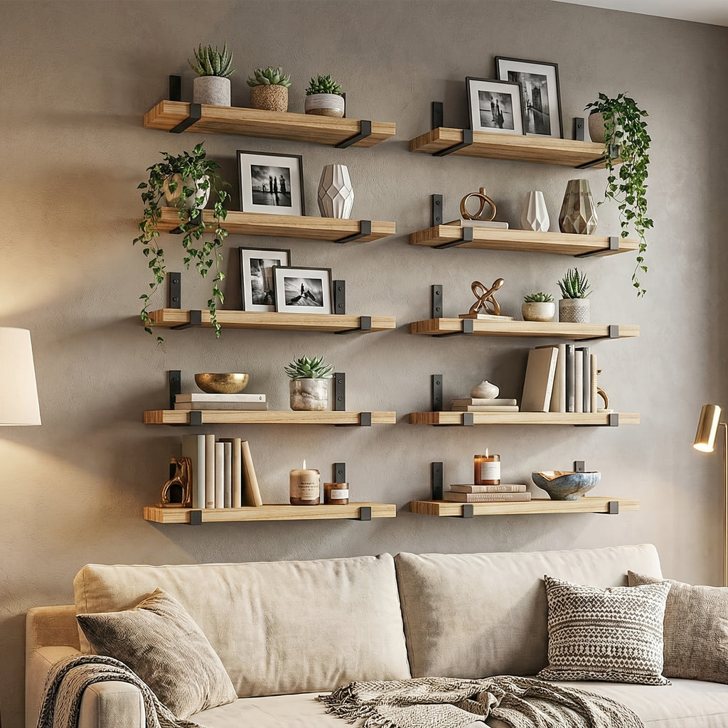 Floating Shelves 10-Piece Set, 15.8 x 5.9 Inch Wall Display Shelves for Books, Small Plants, Photos and Collectibles in Bedroom, Kitchen and Living Room