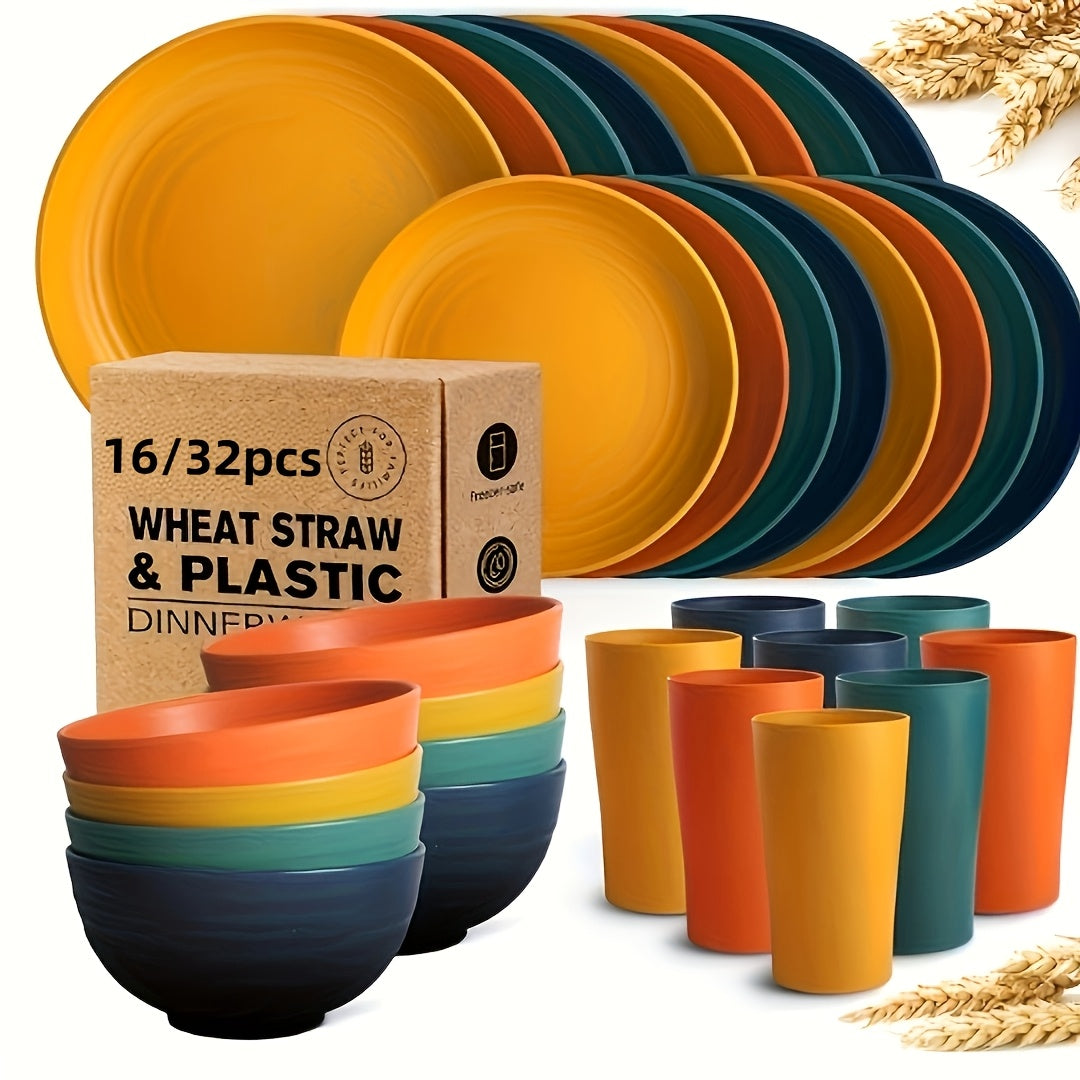 32/16pcs Wheat Straw Tableware Set, Round Plates, Dessert Plates, Bowls And Cups, Unbreakable Plates And Bowls Set, Service for 8/4, Dishwasher Safe, Durable And Lightweight And Easy-Clean for Kitchens, Rvs, Camping, And Outdoor Use
