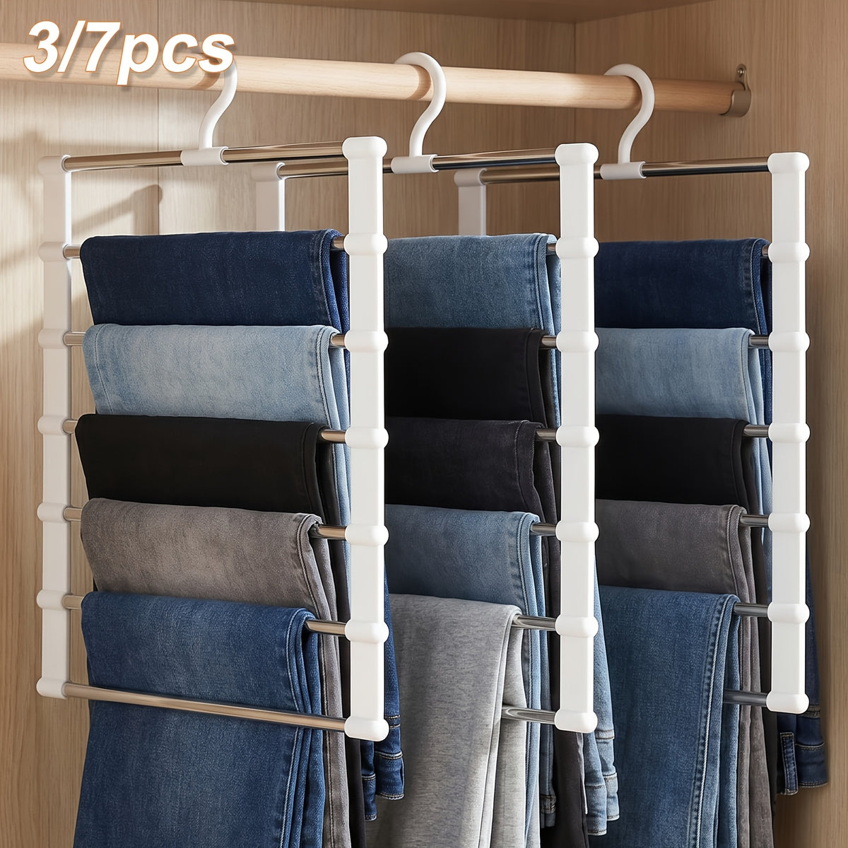 3/7pcs Multi Layer Stainless Steel Pants Hanger Space Saving Wardrobe Organizer Non Slip Stackable Hanger for Pants Jeans Scarves Trousers Closet Storage Organization