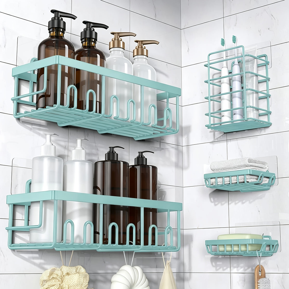 Shower Caddy Organizer, 5-Pack Adhesive Rustproof Stainless Steel Shower Shelves with Soap Holder, No Drilling Shower Storage Rack for Family Renters Bathroom, Random Colors to Choose, Shower Caddies