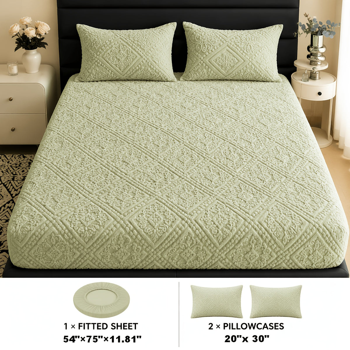 Embossed Fitted Sheet with Optional Pillowcases, Soft Deep Pocket Machine Washable Bedding in White, Gray, Khaki, Blue and Green for Twin Full Queen King