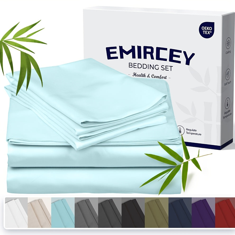 Emircey 3-piece100% Bamboo Fiber Cooling Bedding, Featuring Deep Pocket Design, Breathable And Cool, Suitable for Those Prone to Heat And Excessive Sweating. Fitted Sheet And Pillowcases, Gift for Family Members, Available In Queen King Sizes