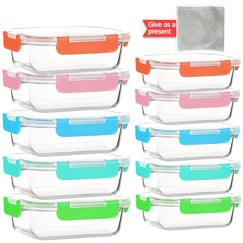 Glass Meal Prep Storage Containers, Set of 10 with Airtight Locking Lids for Work Lunches, Leftovers, Refrigerator and Pantry Organization
