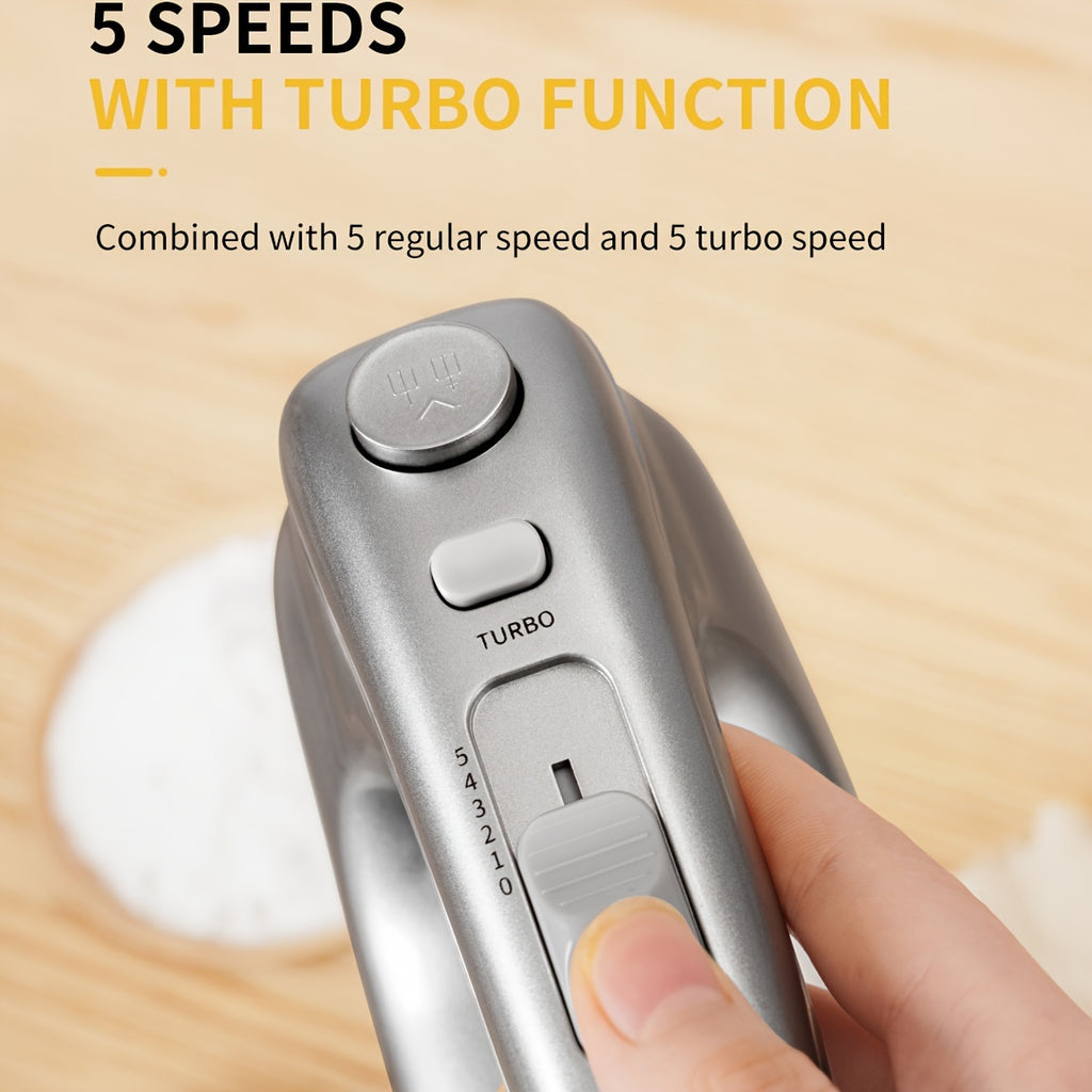 Hand Mixer, Handheld Mixer with Storage Case 5-Speed Plus Turbo Hand Mixer Electric with 5 Stainless Steel Attachments(2 Beaters, 2 Dough Hooks And 1 Whisk), Silver