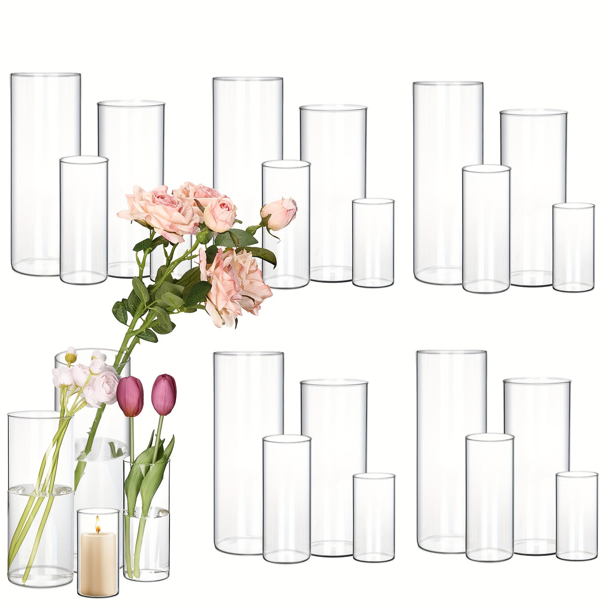 TOMNK 4/12/24/48/80pcs Clear Glass Cylinder Vases, 4, 6, 8, 10 Inch Tall Cylinder Vases for Centerpieces, Glass Flower Vase, Hurricane Floating Candle Holder Vase for Kitchen, Party, Wedding, Home Decor, for Halloween, Christmas