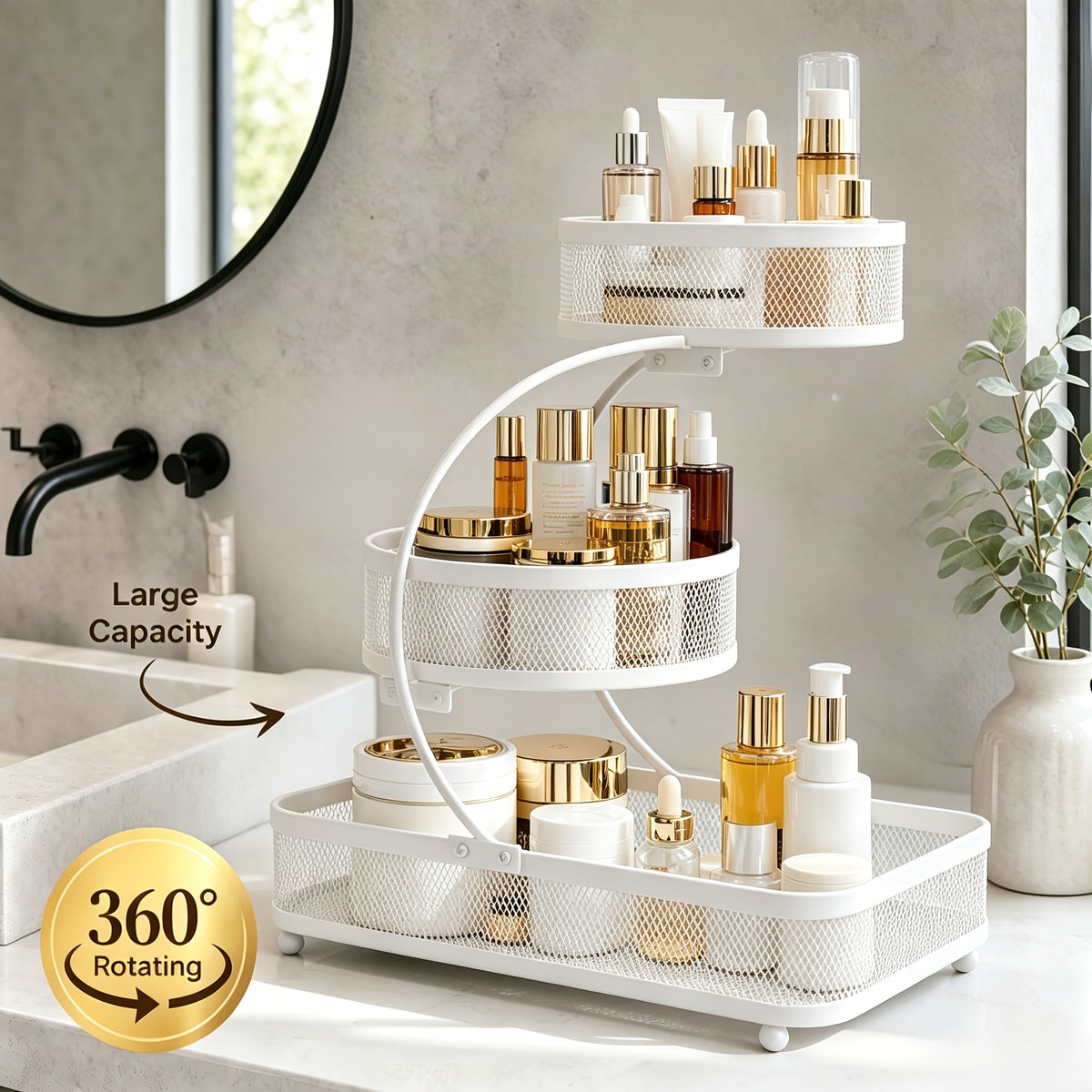 3-tier Metal Bathroom Storage Rack, Includes A Spray Bottle | Hooks - Space-saving Countertop Organizer For Cosmetics, Skincare, And Toiletries | Rust-resistant Diamond Mesh Design | Sturdy And Durable, Suitable For Vanities, Bathrooms, Wardrobes