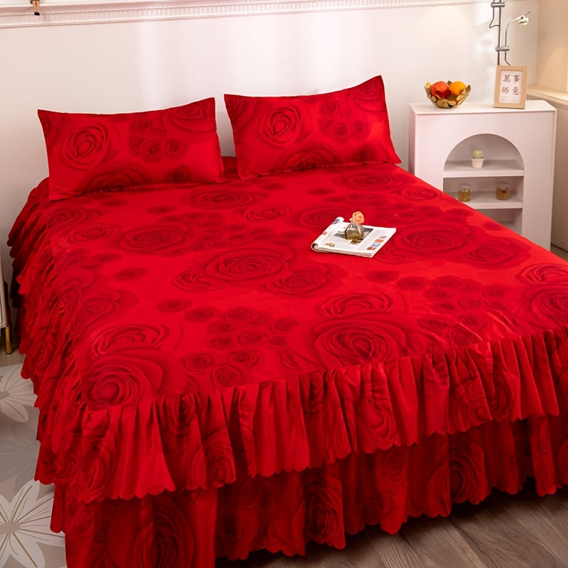 Set of 3 (1 Bed Skirt And 2 Pillowcases) Featuring a Double-Layered Hem, Adorned with a Plant And Flower Design. Includes a Dust-Proof Hem, Bed Sheet, Bed Cover, And Mattress Protector, All Machine Washable