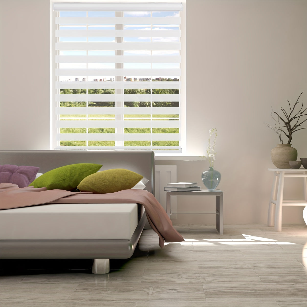 Cordless Zebra Roller Shade with Valance, Double Layered Window Blind for Day And Night, Light Filtering Window Treatment with Mesh And Opaque Fabric