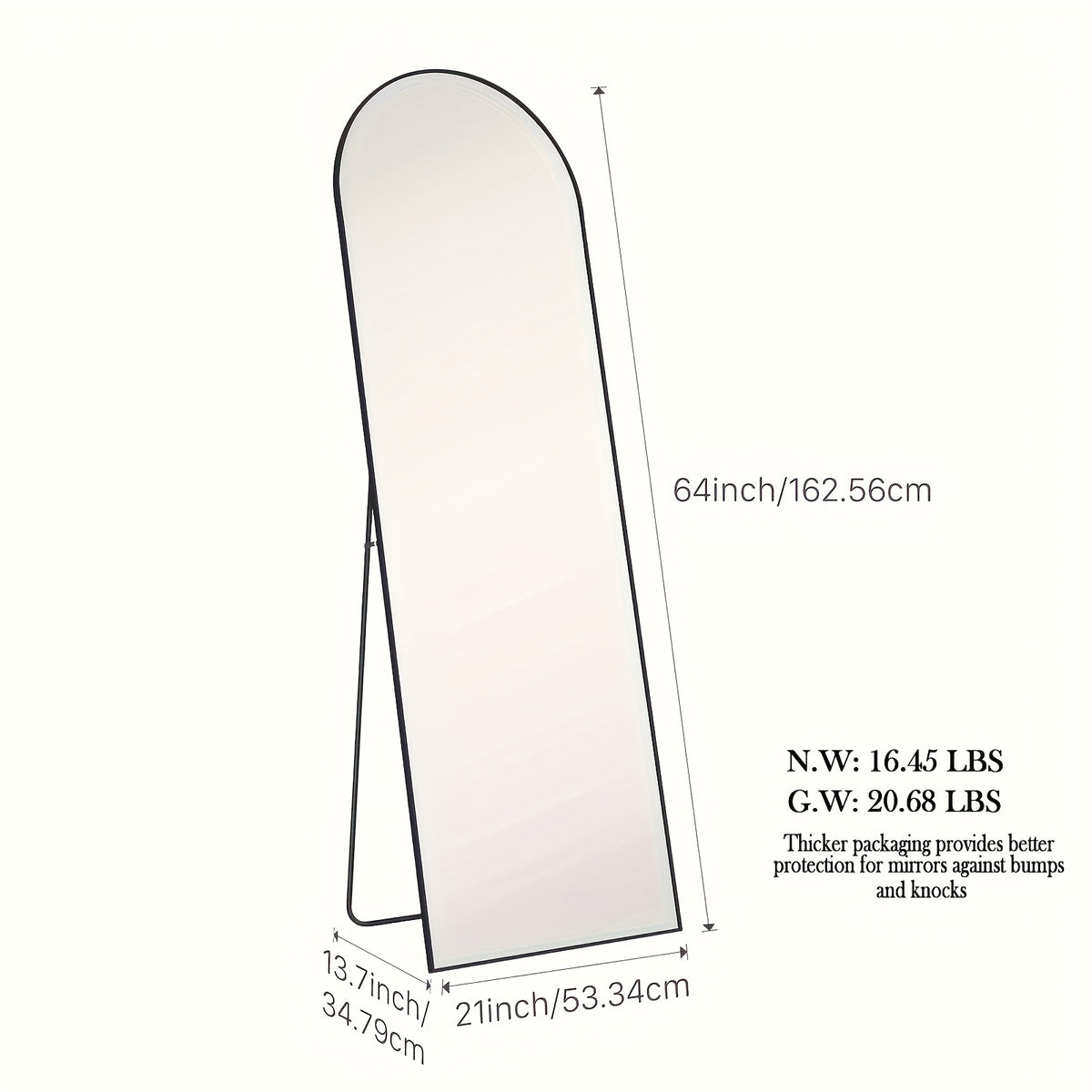 Arched Full Length 64" X 21"/ 59"x16"Mirror With Stand, Floor Mirror With Aluminum Alloy Frame For Bedroom, Standing Full Body Mirror With Shatter-Proof Nano Glass For Wall, Living Room, Cloakroom
