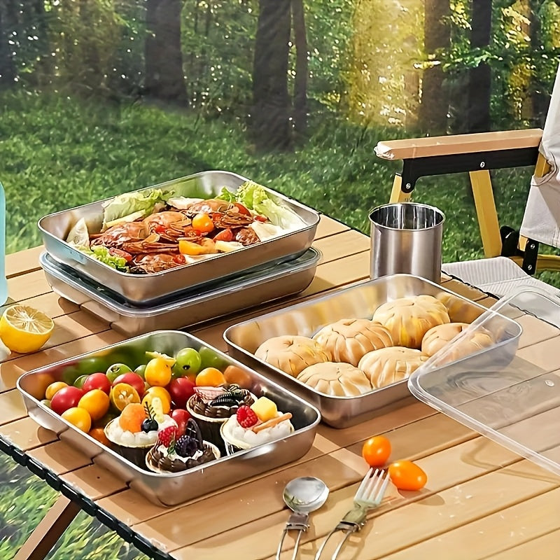 Purchase Three And Receive Two at No Cost, Making a Total of Five Stainless Steel Food Storage Containers - Sturdy Baking Trays That Come with Complimentary Lids, Reusable, Ideal for Picnics, Meal Preparation, Organizing The Refrigerator