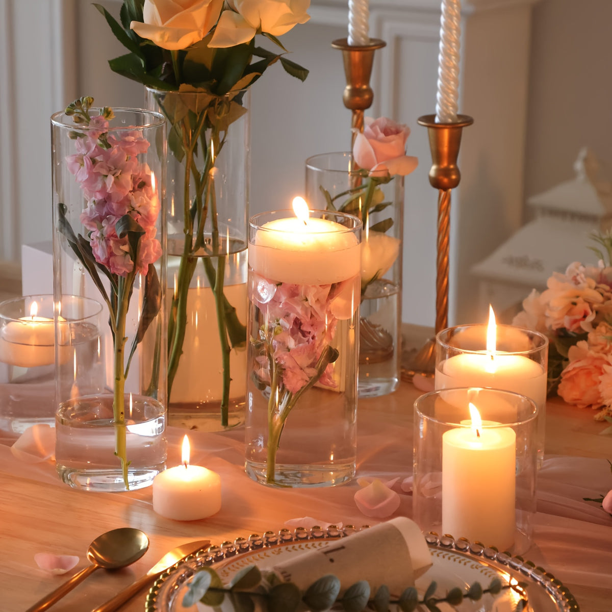TOMNK 12/20/24pcs Clear Cylinder Glass Vases, Includes 4/5 Sizes, Tall Boho Style Decorative Clear Vases for Wedding Centerpieces, Rustic Home Decor, Formal Dinners Centerpieces, Party Events Floating Hurricane Candle Holder Vases