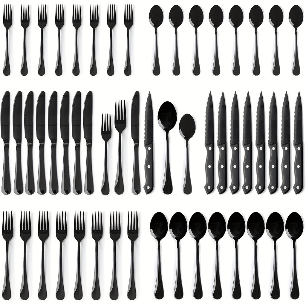 Silverware Set with Steak Knives, 24 or 48 Piece Mirror-Polished Stainless Steel Flatware in Black or Silver for 4 or 8 People, Home and Holiday Dining