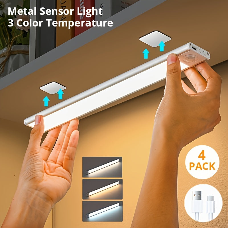 4/2/1pc LED Motion Sensor Under Cabinet Lights, 3 Color Temperatures Wireless USB Rechargeable Night Light, Indoor Closet Lights, Stick-On Anywhere Magnetic Under-Counter Light Fixtures For Kitchen Cabinet Wardrobe Cupboard Stairs.